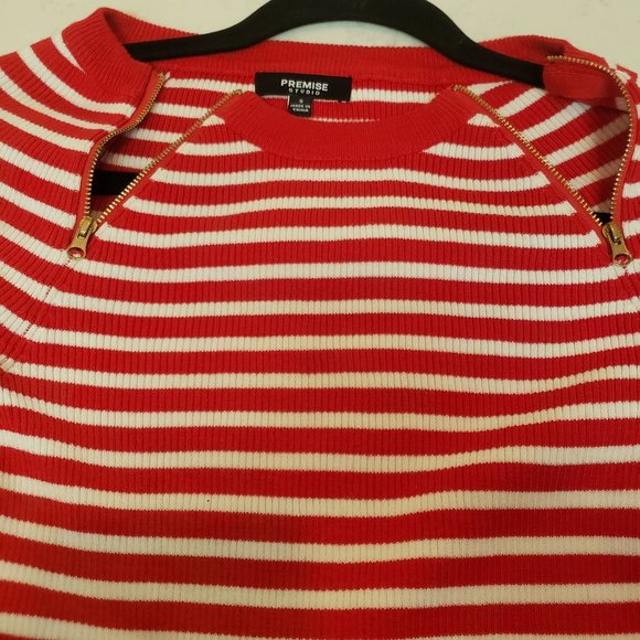 Premise Studio knit sweater size Small striped red white gold tone zipper accent - Picture 4 of 9